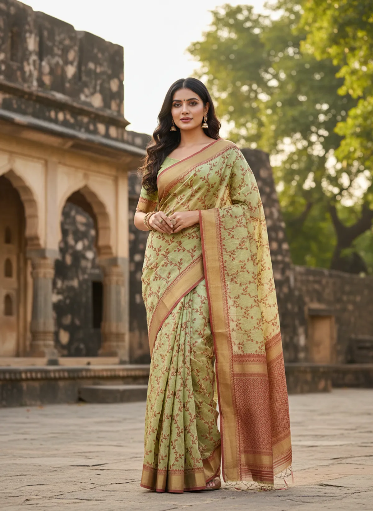 Pista Banarasi Cotton Silk Thread Weaved Saree